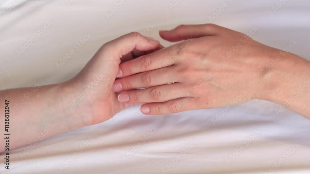Same-sex relationships, lesbians. Same-sex marriage and love concept. Happy lesbian couple. Two female hands touching each other against white sheets. Two female hands in bed close-up. LGBTQ Same-sex relationships, lesbians. Same-sex marriage and love concept. Happy lesbian couple. Two female hands touching each other against white sheets. Two female hands in bed close-up. LGBTQ