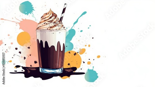 Whipped Cream Topped Chocolate Milkshake with Striped Straw Surrounded by Colorful Paint Splashes on a White Background