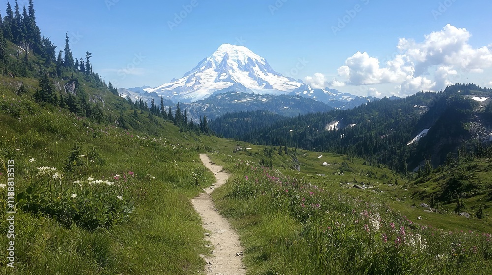 Fototapeta premium Scenic mountain landscape with a clear path and blooming wildflowers.