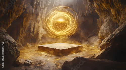 A golden orb hovers above a stone altar, surrounded by swirling golden light. the altar is set in a rocky, cavernous landscape. Cavernous. Illustration