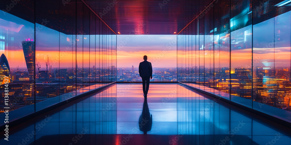 Silhouette of a businessman looking out over a city skyline during sunset from a high-rise building Silhouette of a businessman looking out over a city skyline during sunset from a high-rise building