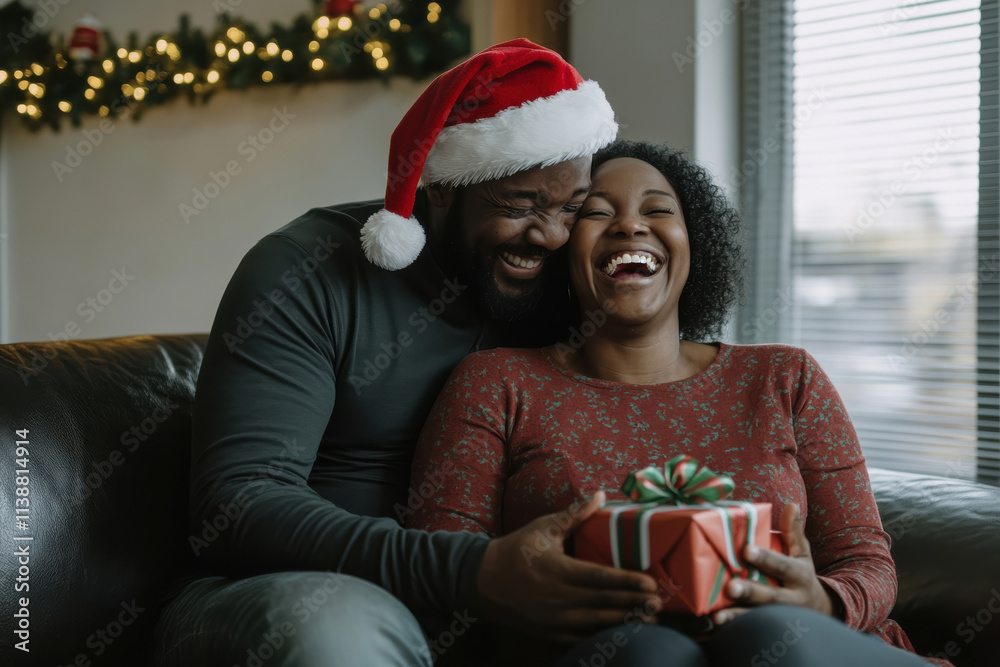 A couple enjoys a joyous moment with gifts while celebrating Christmas at home. A couple enjoys a joyous moment with gifts while celebrating Christmas at home.