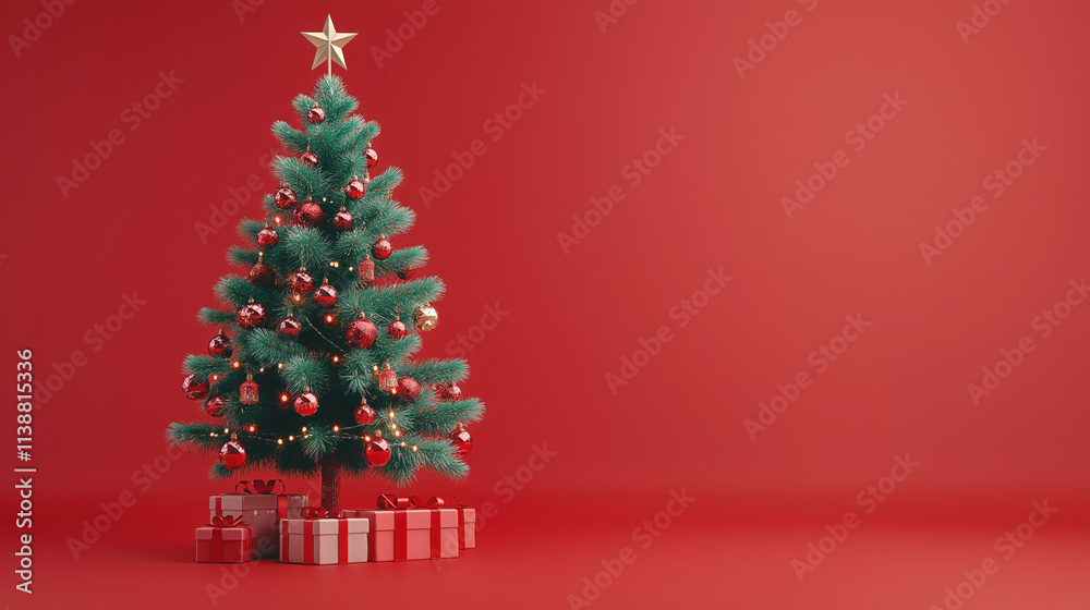 Christmas Tree with Decorations and Gift Box on Isolated Light Red Background Christmas Tree with Decorations and Gift Box on Isolated Light Red Background