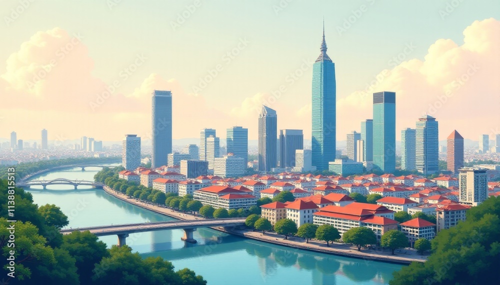 Obraz premium City skyline glistens under a warm sunset sky, showcasing architectural marvels and serene waterways