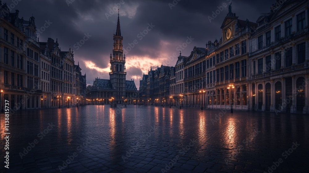 Fototapeta premium Brussels, Belgium at Grand Place with the Town Hall tower at blue hour.