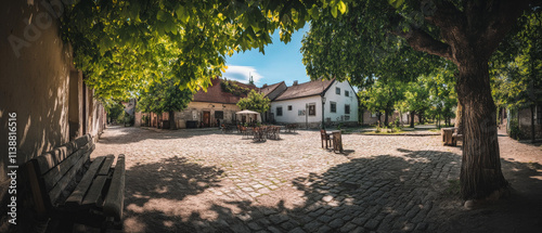 Charming Village Square: Stone Cobblestone, Lush Greenery, Picturesque Houses photo