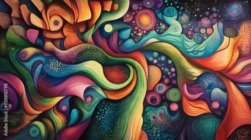 Surreal Abstract Painting: Vivid Colors, Dynamic Composition, Diverse Terrains