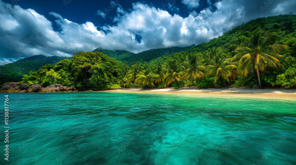 Obraz premium Tropical Island Paradise: Lush Rainforest, Turquoise Waters, White Sand Beach