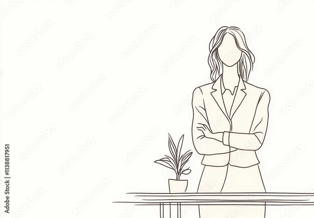 A simple one-line drawing of an office worker, a female business woman standing with her arms crossed in front of a table white background, minimalistic style, thin lines Generative AI A simple one-line drawing of an office worker, a female business woman standing with her arms crossed in front of a table white background, minimalistic style, thin lines Generative AI