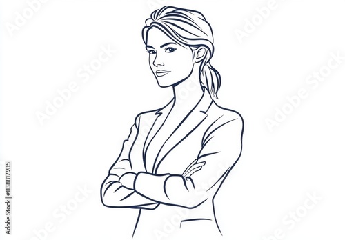 A continuous one-line drawing of a business woman with arms crossed, a simple illustration in a flat style on a white background, a minimalistic design with thin lines and black color Generative AI