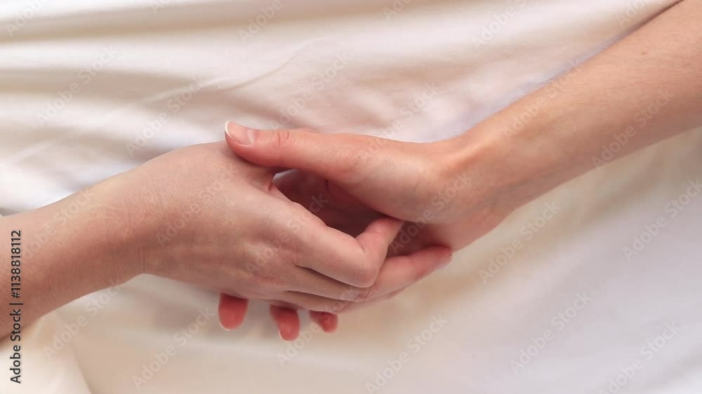 Same-sex relationships, lesbians. Same-sex marriage and love concept. Happy lesbian couple. Two female hands touching each other against white sheets. Two female hands in bed close-up. LGBTQ Same-sex relationships, lesbians. Same-sex marriage and love concept. Happy lesbian couple. Two female hands touching each other against white sheets. Two female hands in bed close-up. LGBTQ