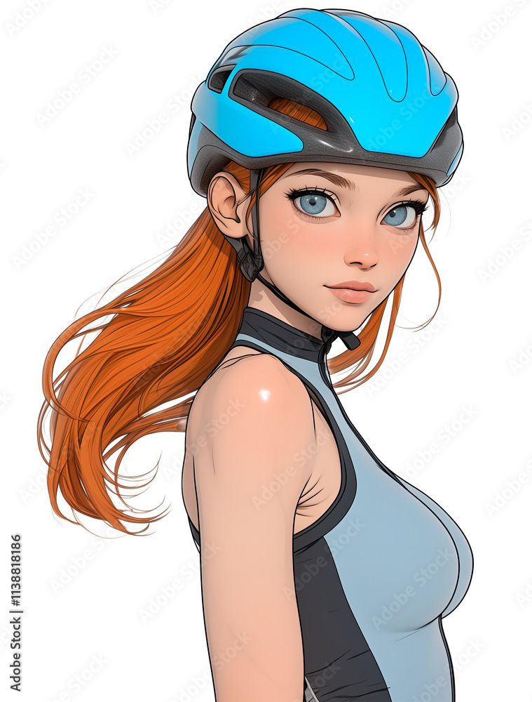 3D cartoon female cyclist with helmet and red hair, looking confident 3D cartoon female cyclist with helmet and red hair, looking confident