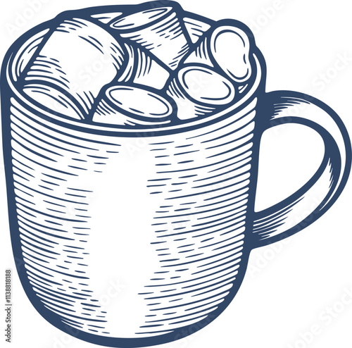 Cocoa mug marshmallow cup hot drink coffee tea espresso engraving hand drawn illustration black white isolated vintage line art sketch silhouette graphic style poster label web