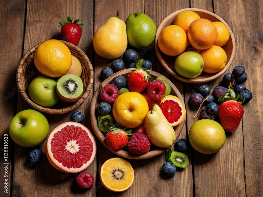 fruits on wooden table fruits on wooden table