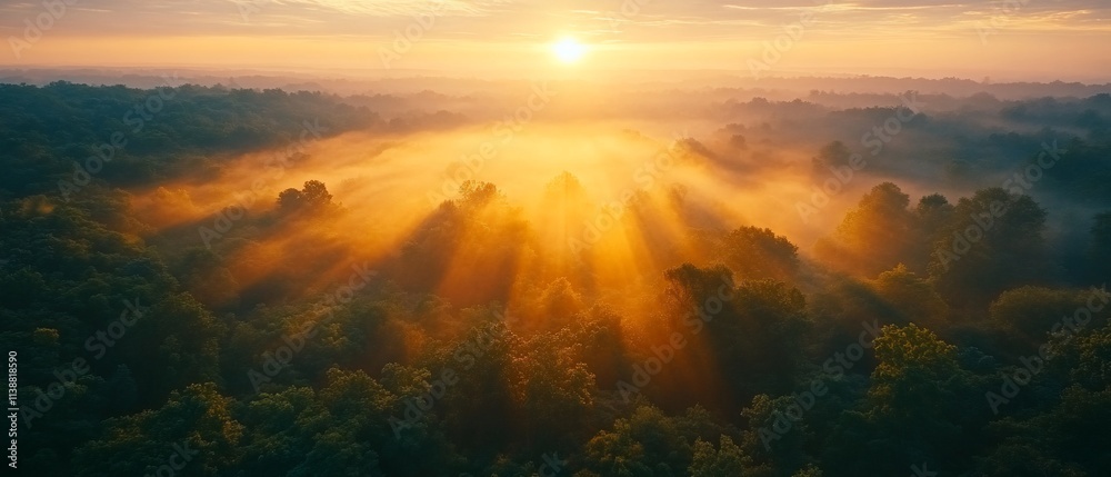Fototapeta premium Aerial view of sunrise over misty forest. (1)