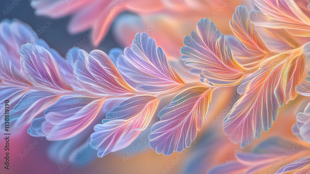 Fototapeta premium Pastel Plant, 3D Render, Feathery Leaves, Delicate Flora, Hyperrealistic Macro