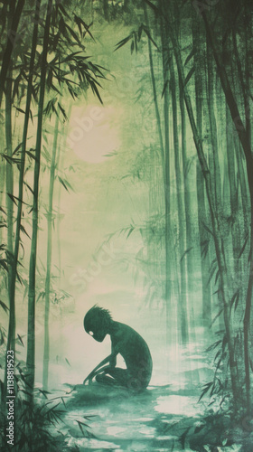 Ethereal Kappa in Bamboo Forest: Painting of Mystical Creature