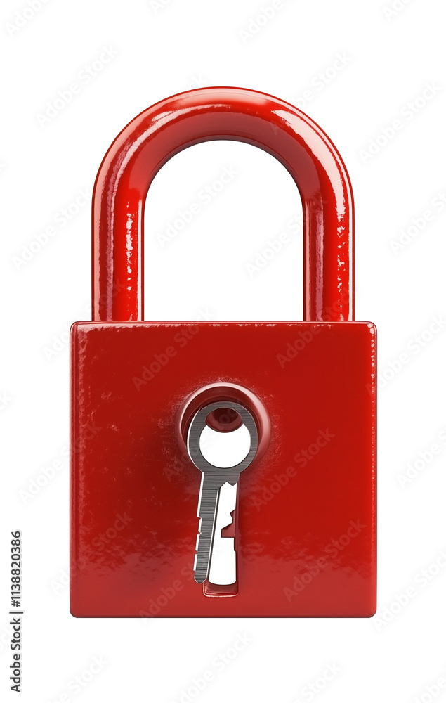 shiny red padlock with key inserted, isolated on transparency background