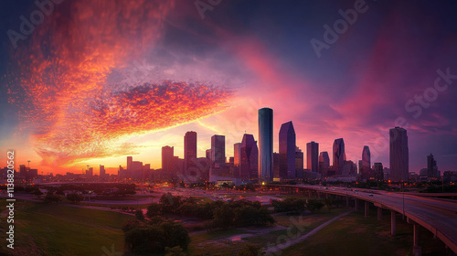 Houston Skyline Sunset: Vibrant Cityscape Panorama
