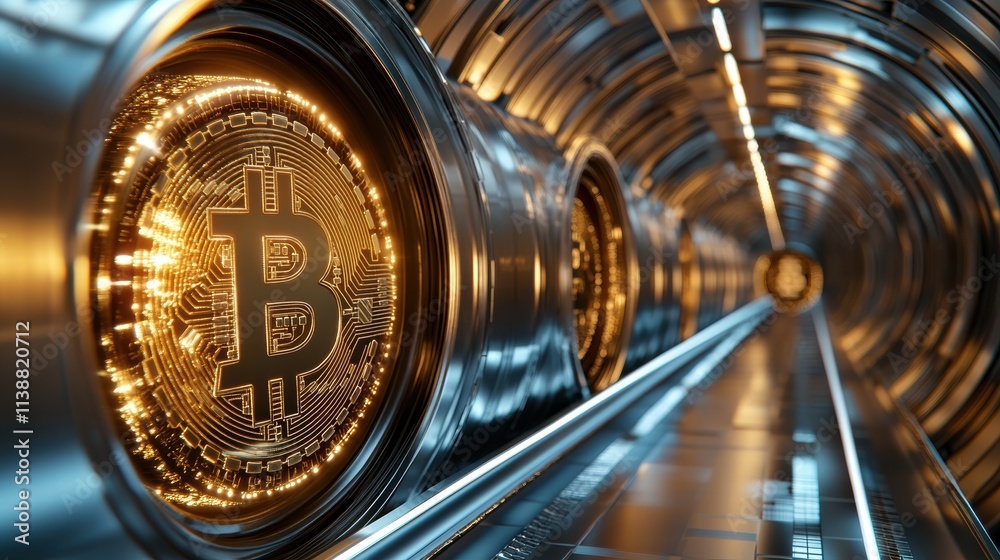 Obraz premium Bitcoin symbols shine within a futuristic tunnel of circuitry and metal, emphasizing digital currency’s impact in the technological landscape.