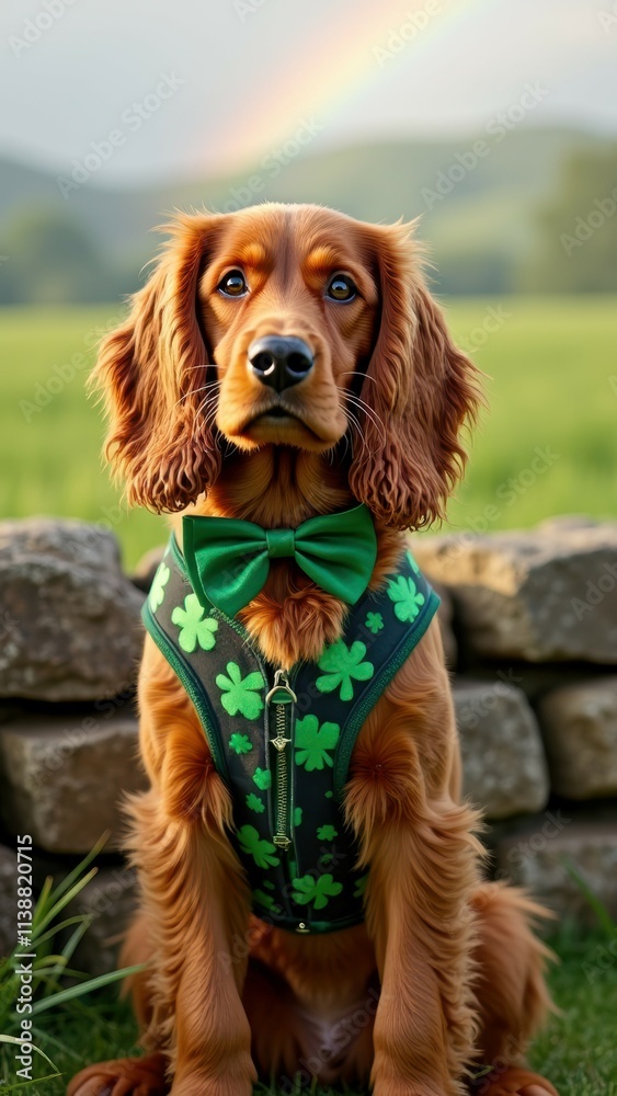 Cocker spaniel in shamrock vest and bow tie sits in scenic field with rainbow Cocker spaniel in shamrock vest and bow tie sits in scenic field with rainbow