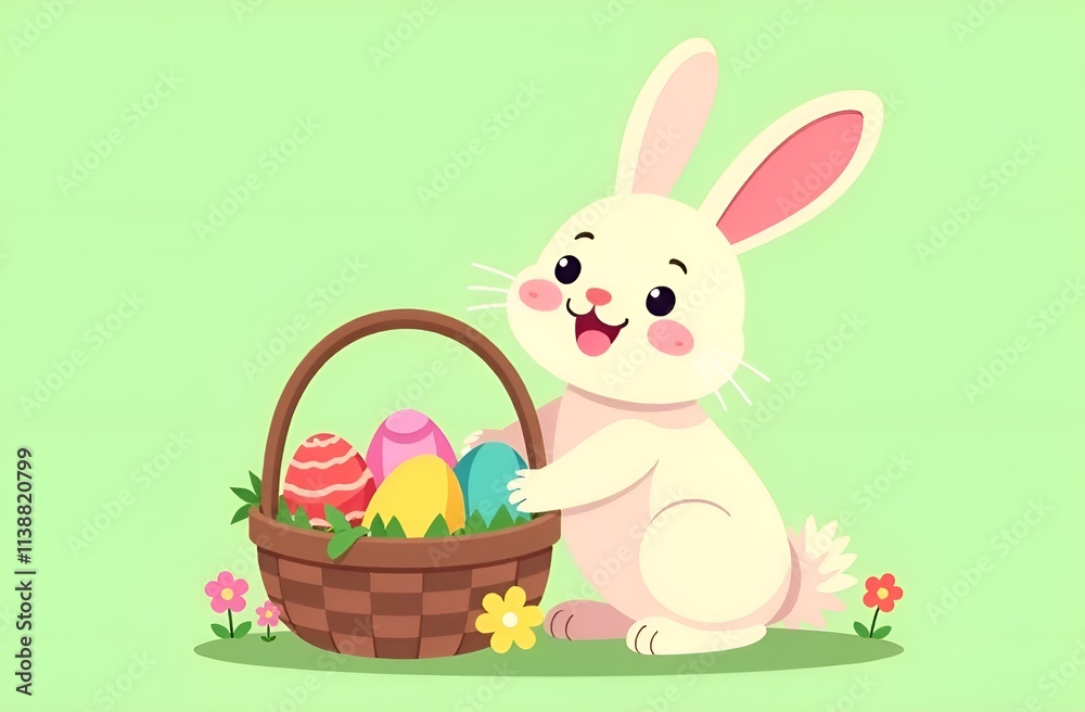 Easter bunny with Easter colorful eggs in a basket on light green background. Easter bunny with Easter colorful eggs in a basket on light green background.