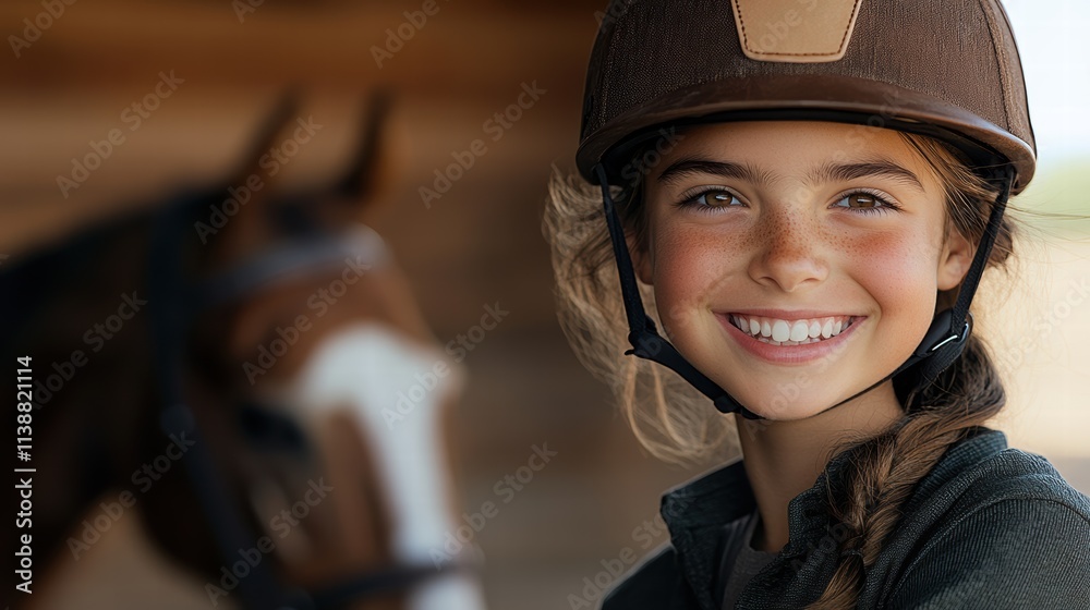 A young equestrian enthusiast beams with joy beside her horse, capturing the spirit of friendship and the thrill of riding. A young equestrian enthusiast beams with joy beside her horse, capturing the spirit of friendship and the thrill of riding.