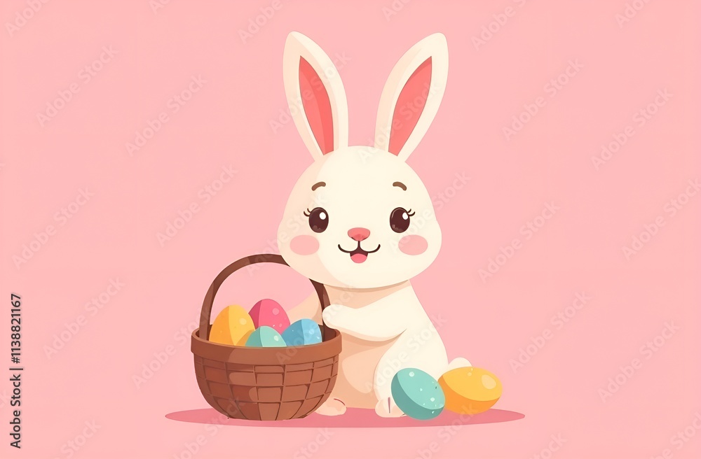 Easter bunny with Easter colorful eggs in a basket on light pink background. Easter bunny with Easter colorful eggs in a basket on light pink background.