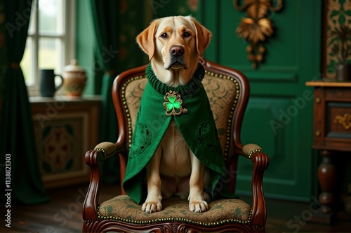 Labrador wearing green cloak in elegant room with shamrock brooch