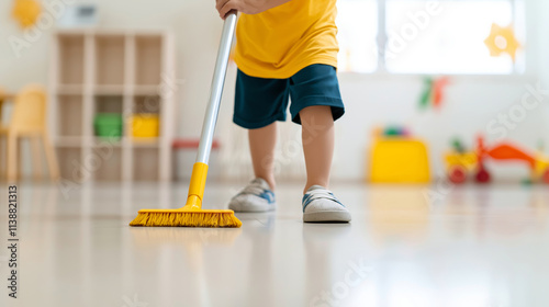 Child using a small broom to sweep the floor from a low angle in a daycare center, showcasing cleanliness and responsibility photo