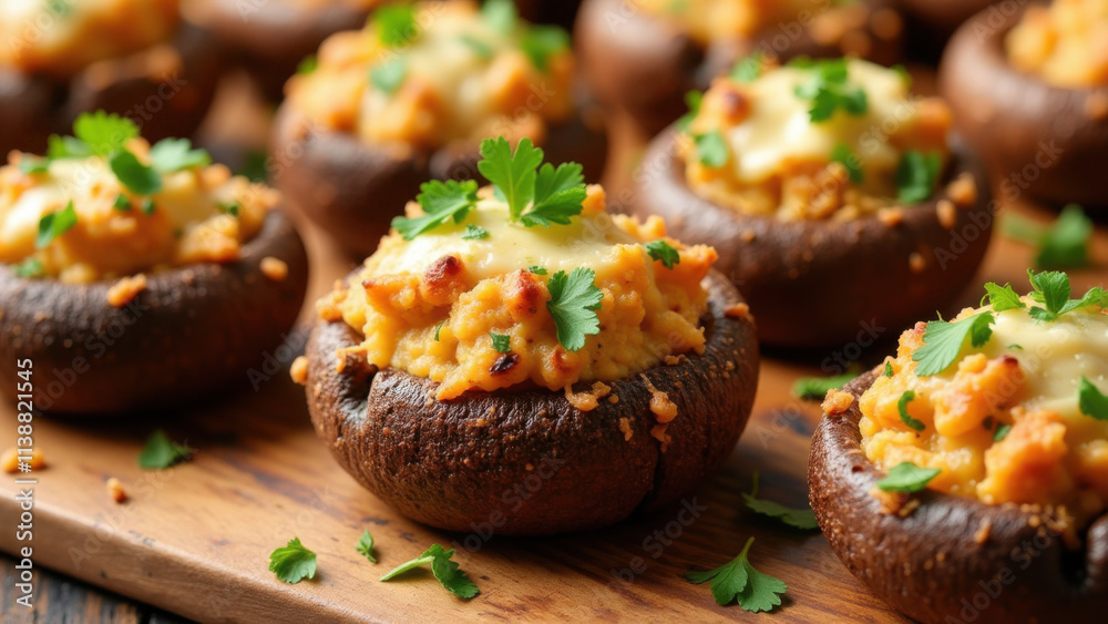 Stuffed mushrooms with cheese and herbs on wooden board Stuffed mushrooms with cheese and herbs on wooden board