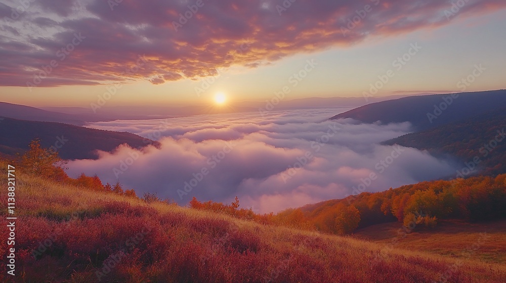 Majestic sunrise over autumn mountain landscape with sea of clouds.