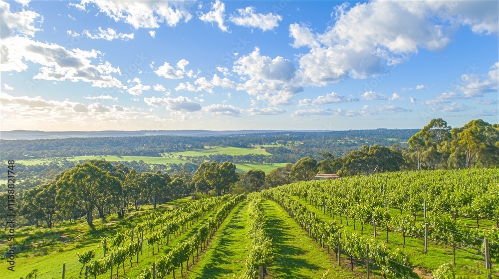Scenic vineyard landscape with lush green rows and a bright blue sky. Scenic vineyard landscape with lush green rows and a bright blue sky.