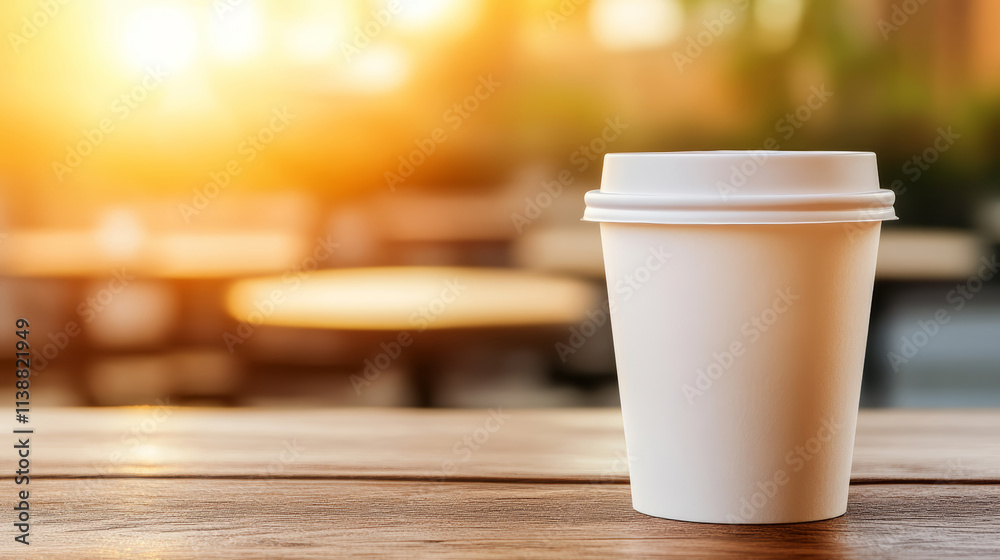 Blank white to-go coffee cup set on a wooden table in a bustling restaurant, bathed in gentle evening sunlight Blank white to-go coffee cup set on a wooden table in a bustling restaurant, bathed in gentle evening sunlight