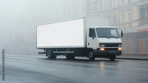 Delivery truck with a blank advertising panel driving through a foggy cityscape, maneuvering through urban streets photo