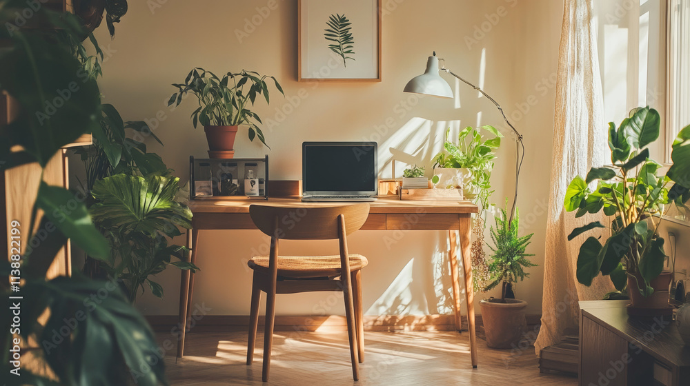 Fototapeta premium Home Office, Plants, Natural Light, Desk, Laptop