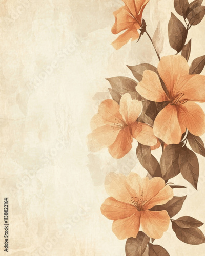 Vintage Floral Background: Peach Hibiscus, Cream Texture, Romantic Design