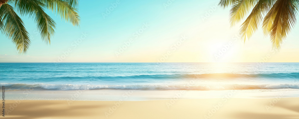 Obraz premium Golden sand leads to calm turquoise ocean with gentle waves lapping the shore as palm trees sway in the breeze at sunset
