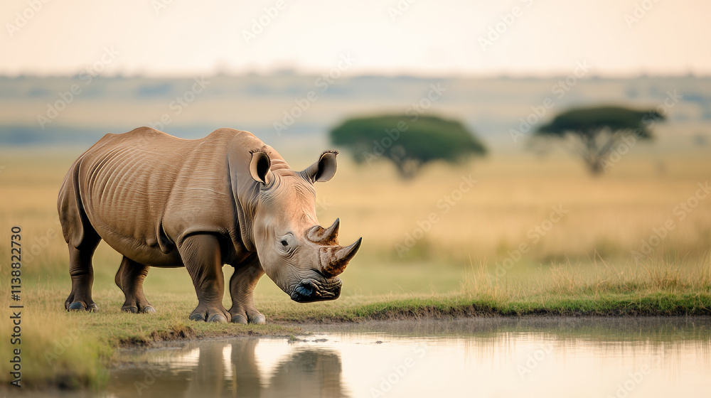 White rhinoceros standing near waterhole in golden light of late afternoon sun in african savanna White rhinoceros standing near waterhole in golden light of late afternoon sun in african savanna