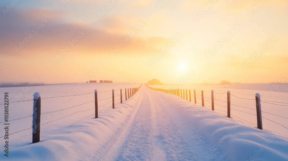 Tranquil winter scene: a rural road leading to a farm at sunset, blanketed in fresh snow Tranquil winter scene: a rural road leading to a farm at sunset, blanketed in fresh snow