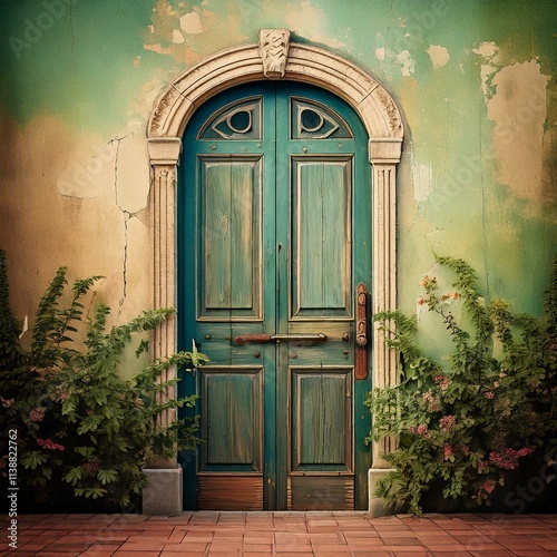 Retro Wall Art with old door texture and grunge background