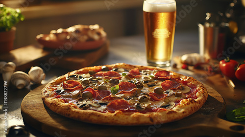 Capricciosa Pizza, Beer, Mushrooms, Olives, Cozy Kitchen