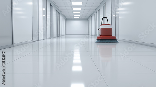 Red floor scrubber machine cleaning a white tiled floor in a brightly lit, minimalist office corridor with glass office doors