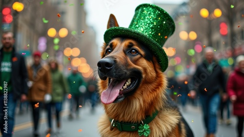 German shepherd wearing sparkly hat celebrates st. patrick's day parade on festive city street photo