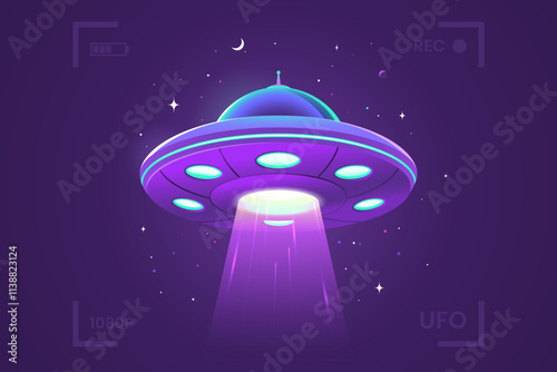 Glowing flying saucer against the background of the starry sky. UFO in the camera viewfinder. Alien abduction. Alien spaceship vector illustration.