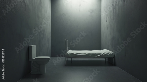 Cold and isolated atmosphere in a sparsely furnished solitary confinement cell with minimal amenities photo