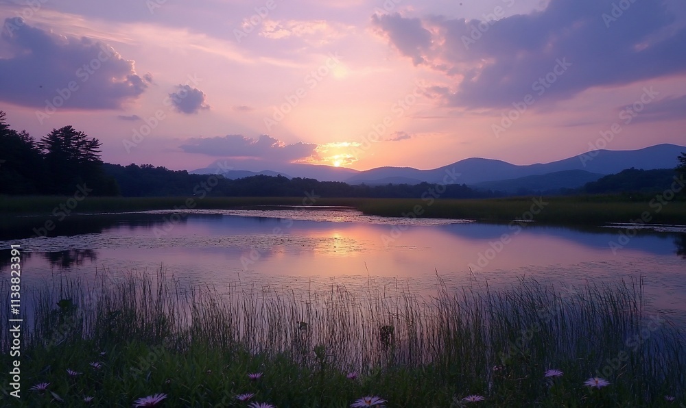Serene sunset over calm lake and mountains. (1) Serene sunset over calm lake and mountains. (1)