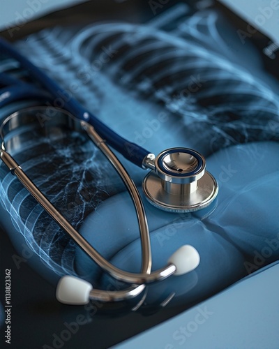 Medical examination stethoscope on lung x-ray image in clinical setting healthcare concept photo