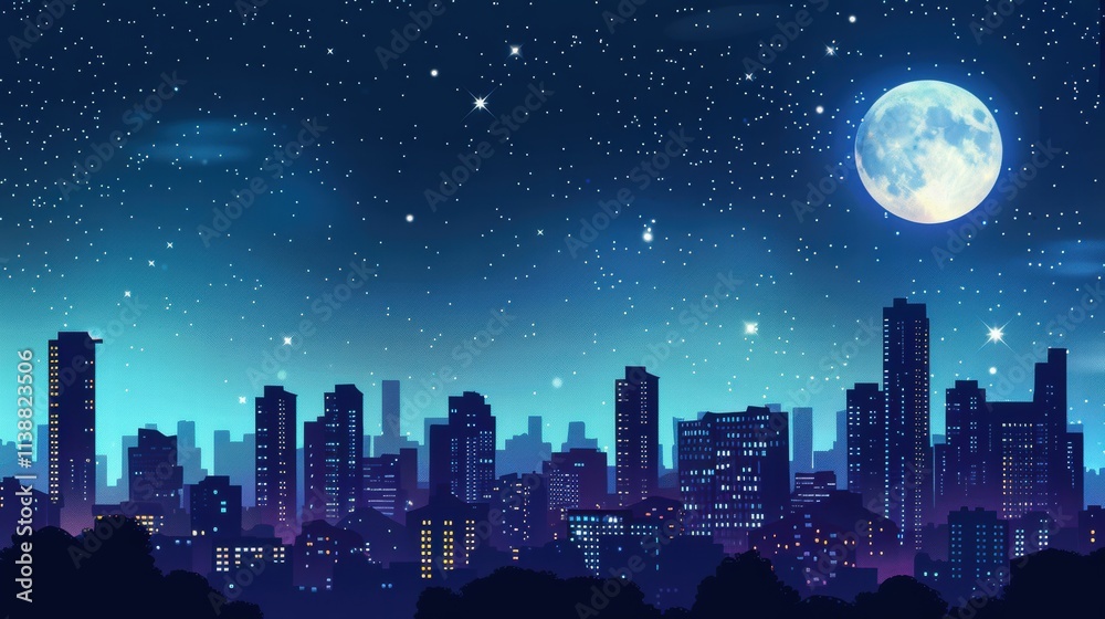 Night city skyline under full moon and starry sky. Night city skyline under full moon and starry sky.