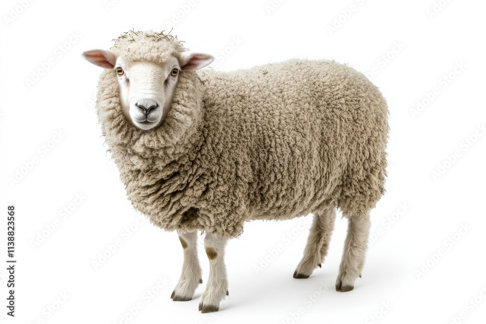 Fluffy sheep standing against white background Fluffy sheep standing against white background